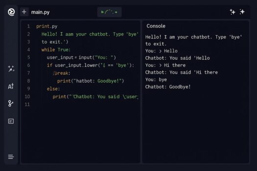 Replit coding interface for chatbot development