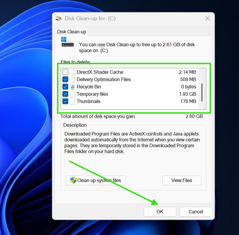 Select Temporary Files on Disk Cleanup.