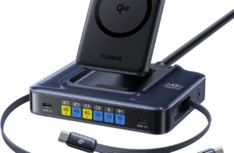 Baseus Nomos Charging Station 245W, 6-in-1 USB-C Power Strip, Qi2 Certified 15W Magnetic Wireless Charger with Dual 100W Retractable Cable, 4 USB-C, 1 USB-A Desktop Charger for MacBook, iPhone 17 - Product Image