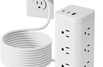 Power Strip Tower with Surge Protector 1800J, Fast Charging PD20W USB-C Ports with 12 AC Outlet Extenders, 10ft Extension Cord for Home Office Dorm Room Essentials, White - Product Image